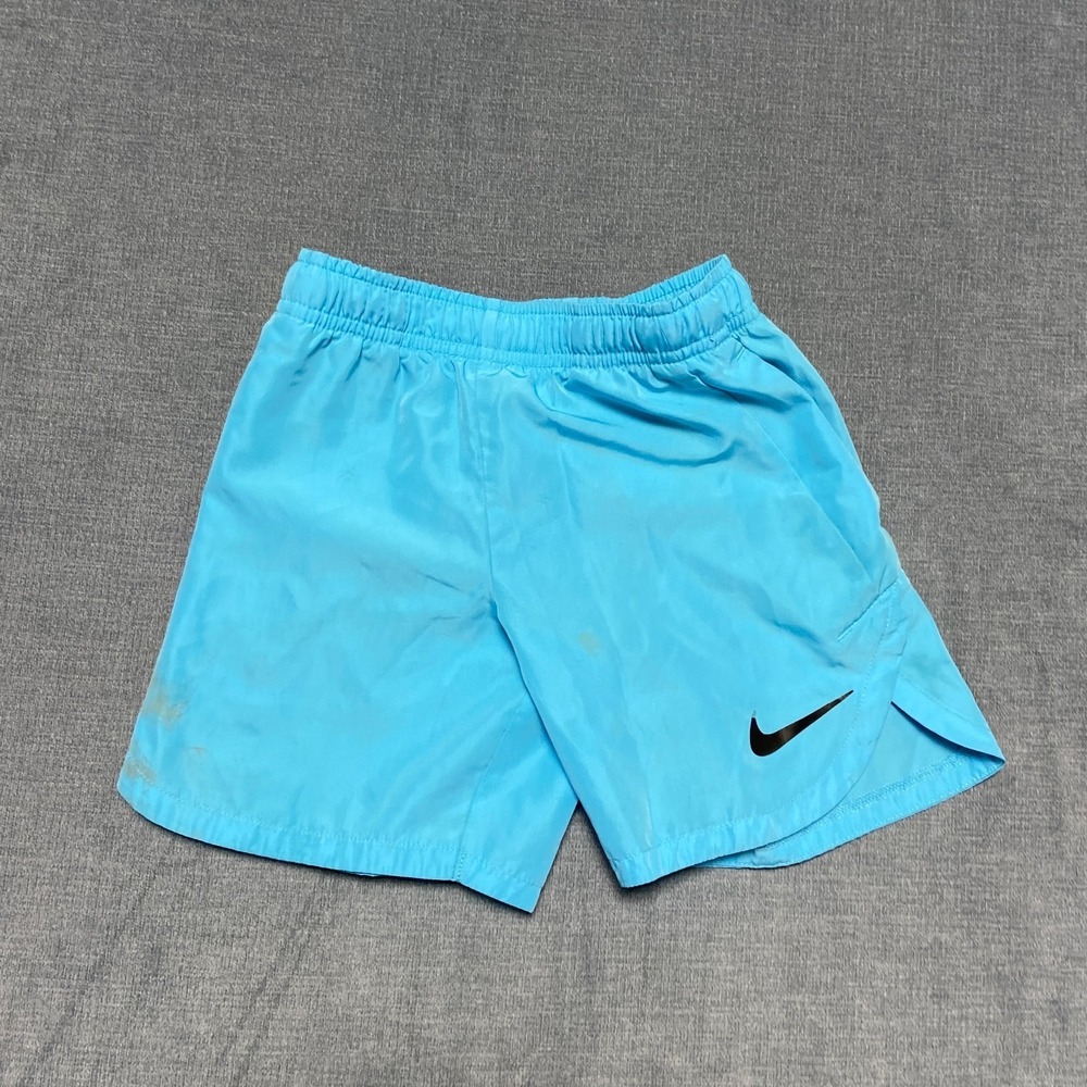 Nike Dri Fit Training Shorts Boys 4 Blue Swoosh Logo Elastic Waist Side Slit